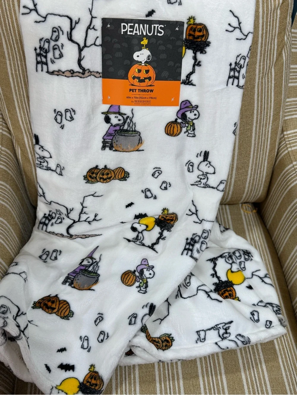 Peanuts Halloween Throw Blanket White, Black, Orange, Purple, Yellow
